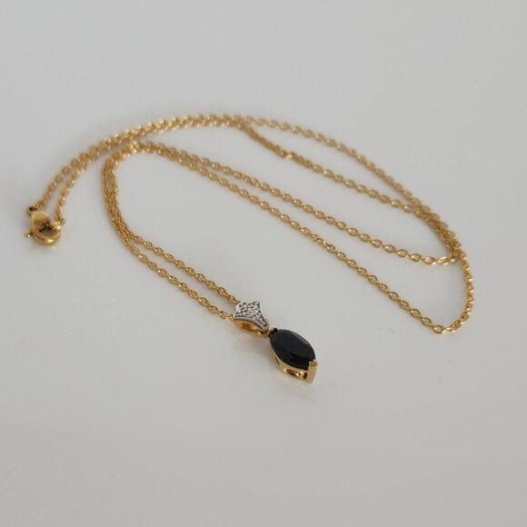 Black Spinel Pendant Necklace 14K YG and Stainless Steel Chain - Picture 3 of 11